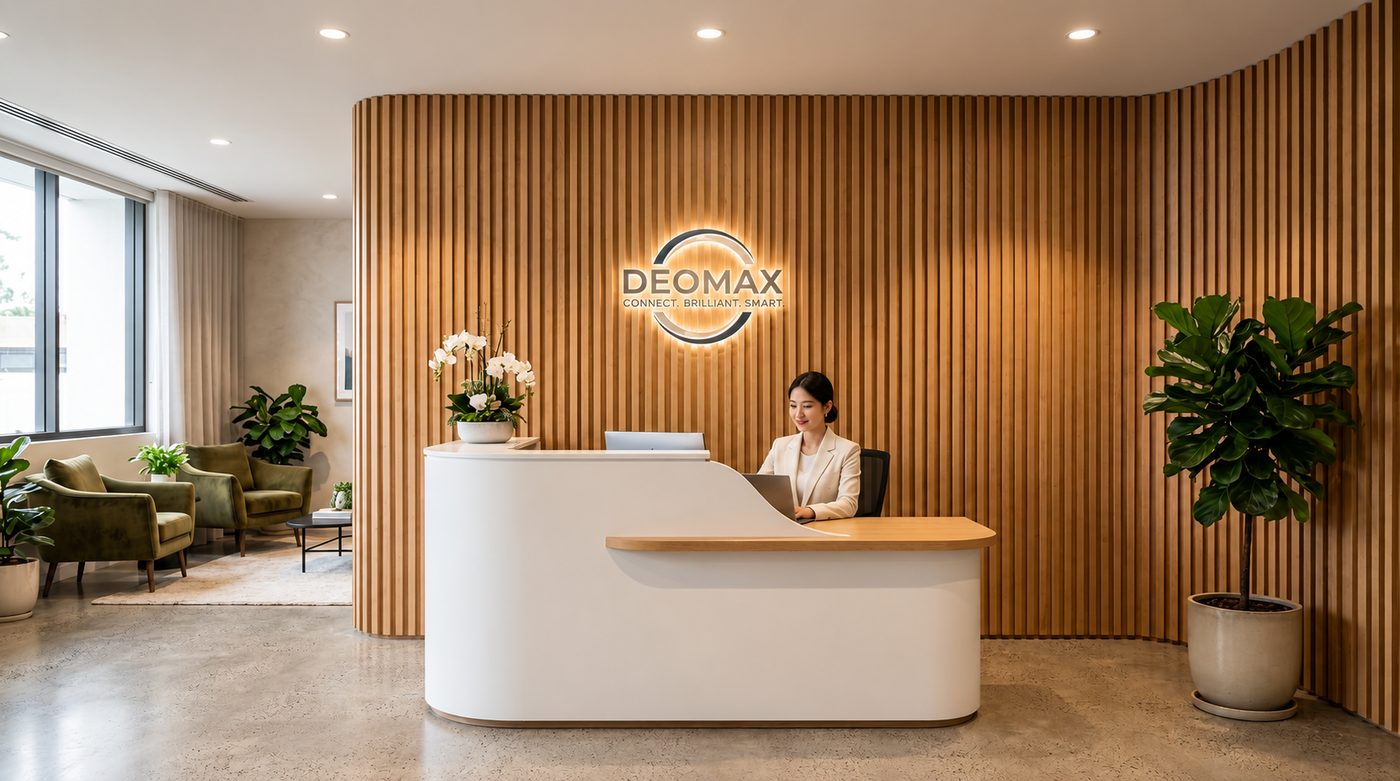 DEOMAX reception area with illuminated logo on a timber feature wall