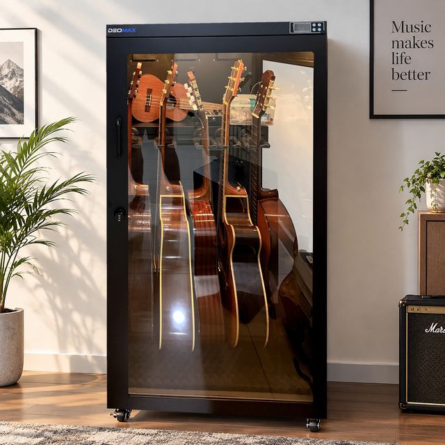 DEOMAX guitar humidity cabinet holding five acoustic guitars and a ukulele