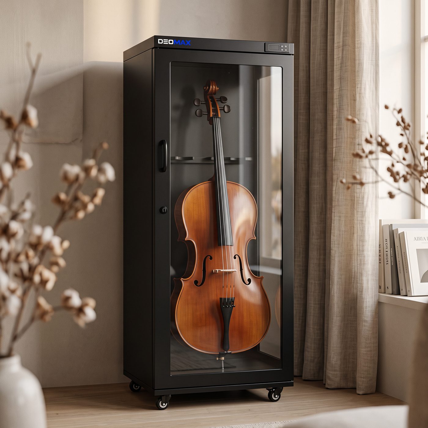 DEOMAX cello humidity cabinet with a cello on display