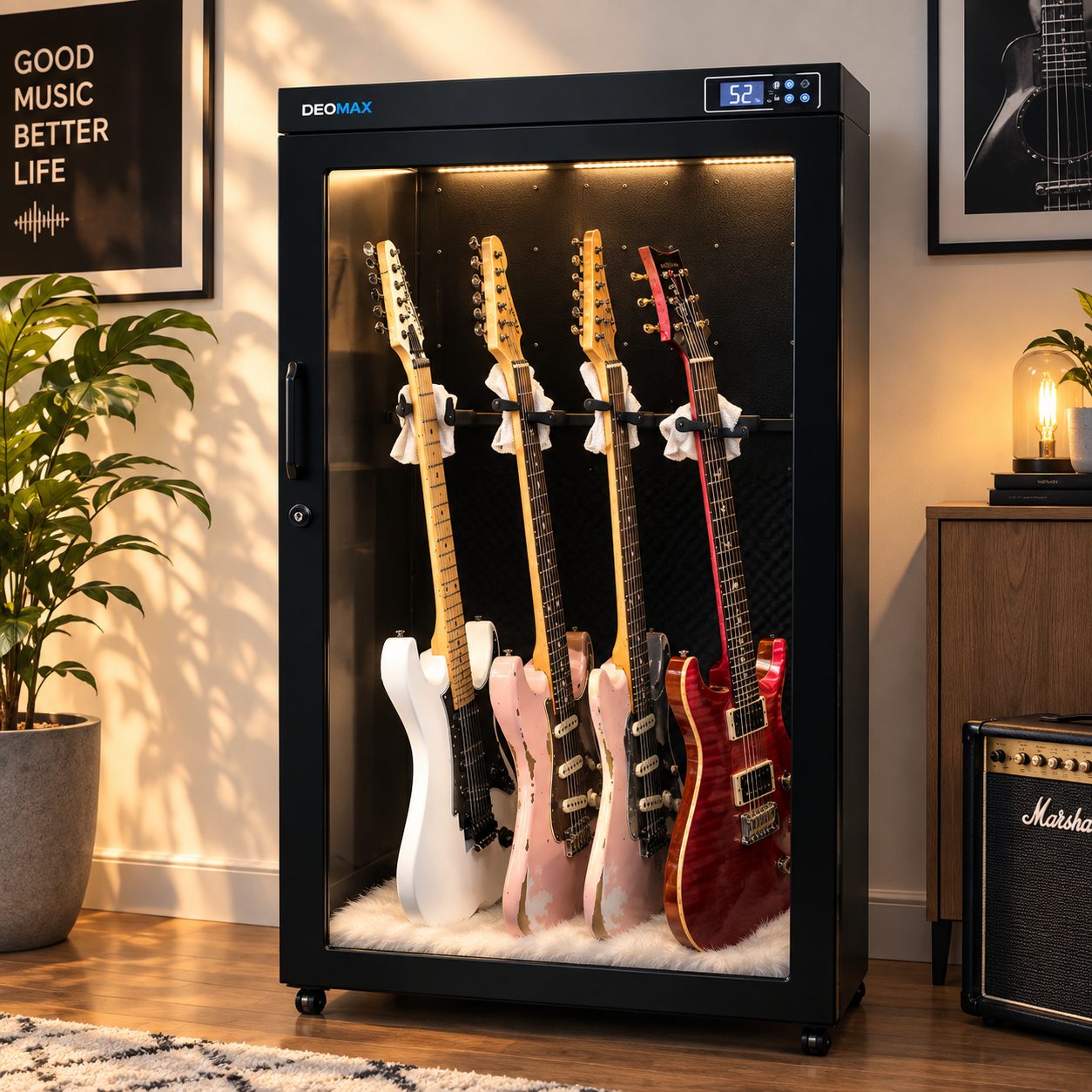 Four electric guitars in a DEOMAX cabinet