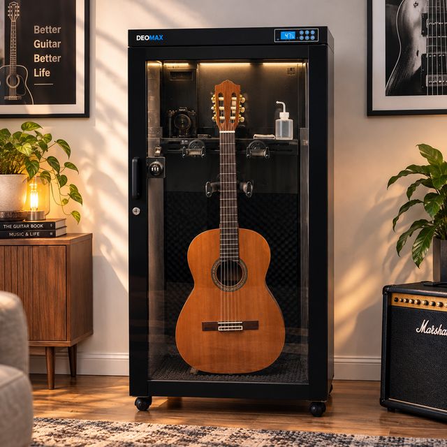 DEOMAX premium display cabinet with an illuminated classical guitar