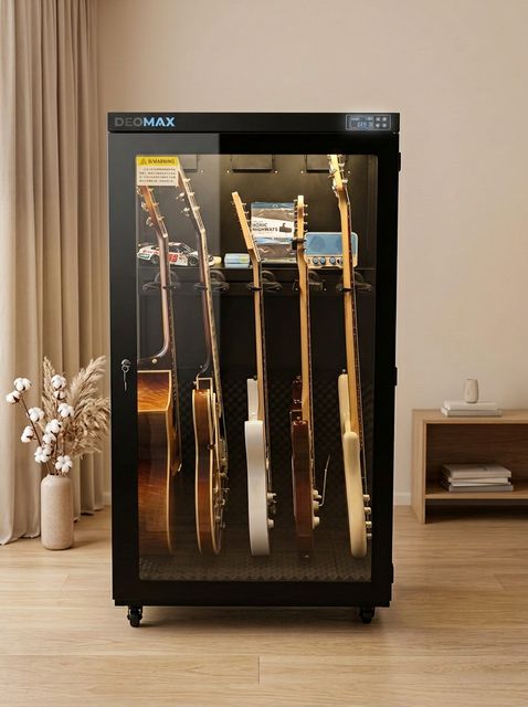 DEOMAX multi-instrument cabinet with five guitars and an accessory shelf