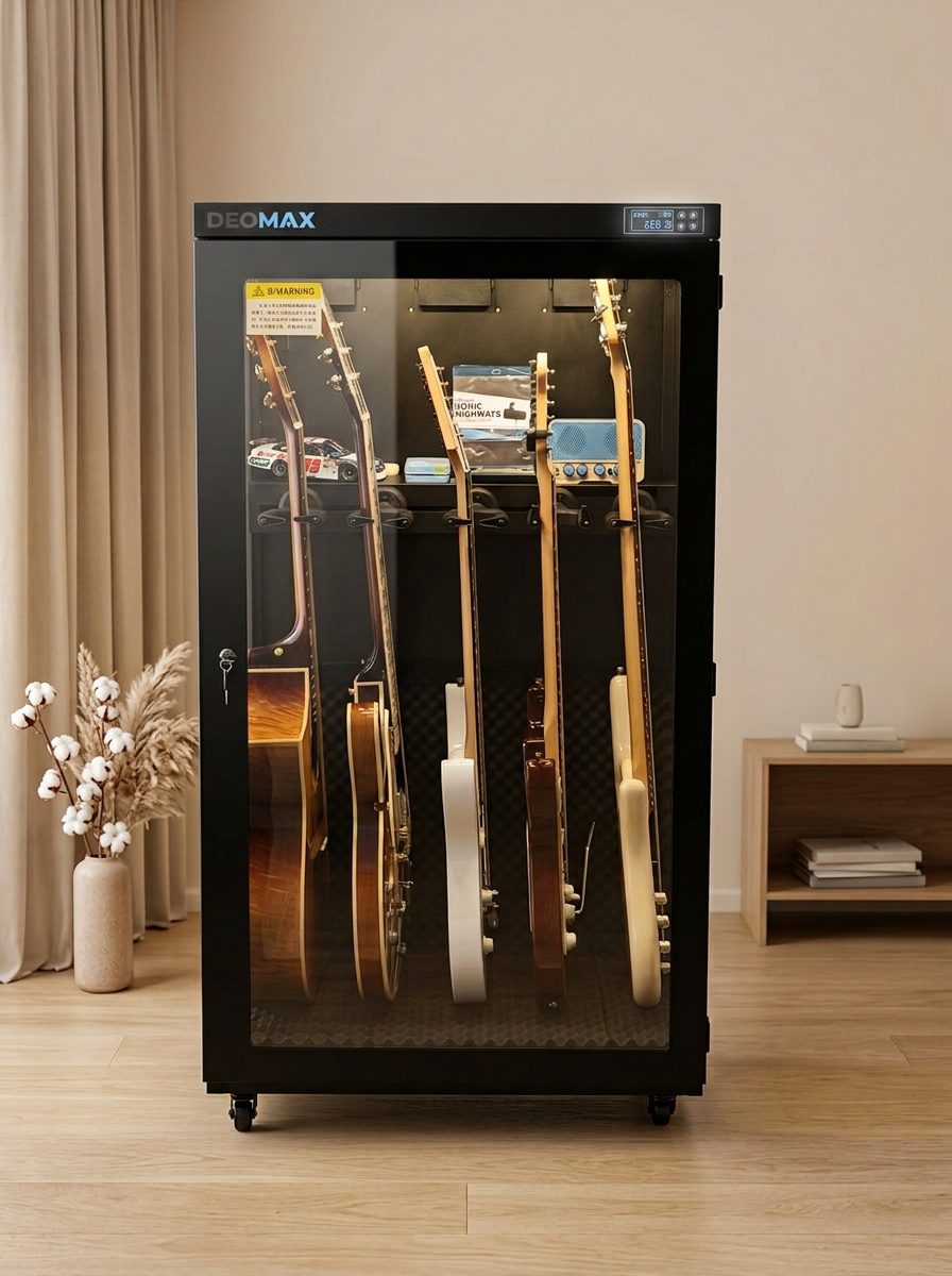 DEOMAX multi-instrument cabinet with five guitars and an accessory shelf